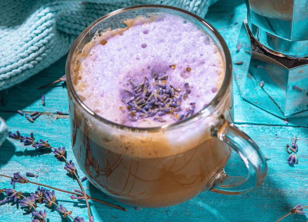 Signature Honey Lavender Latte with artisanal latte art from Brew & Chai